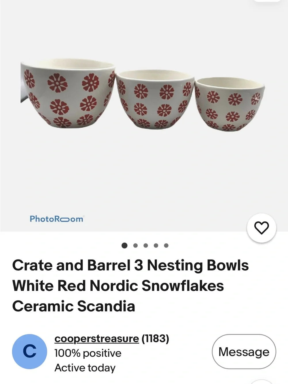 Crate and Barrel 3 Nesting Bowls White Red Nordic Snowflakes Ceramic Scandia